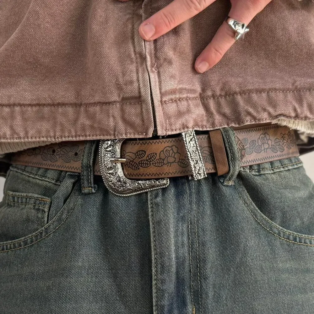 vintage style brown and silver engraved western simple design belt